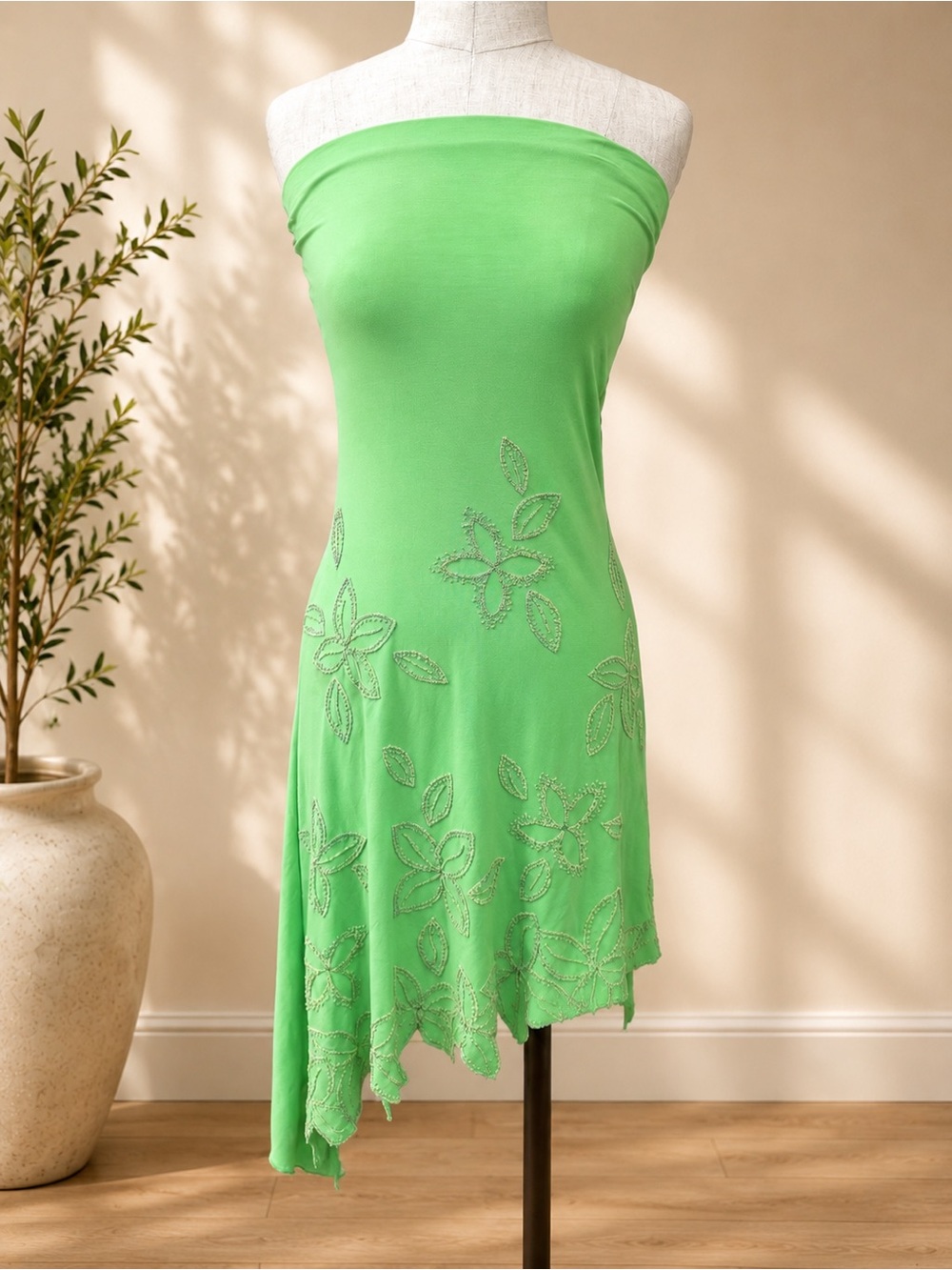 Strapless Green Embellished Floral Dress